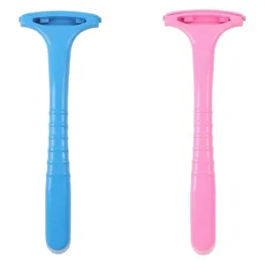 Portable plastic manual hair removal razor with anti-slip handle design, blue and pink.