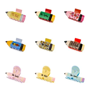 Grid display of custom name pencil hair claw clips with various patterns and colors