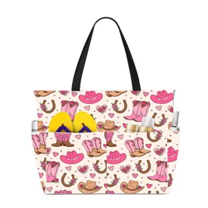 Large capacity waterproof beach tote bag with pink cowboy pattern showing pocket storage.