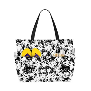 Detail view of cow print beach tote bag with side pockets holding summer essentials
