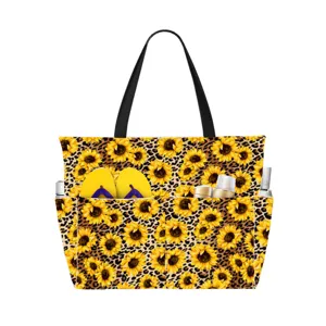 Detailed view showing the multi-pocket design of the sunflower leopard print beach bag