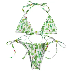 Detailed view of two-piece bikini with vibrant cactus print and adjustable side ties