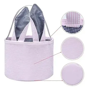 Detail view of striped Easter bucket with rabbit ears showing fabric and stitching