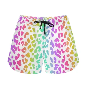 Detailed view of rainbow gradient leopard print on summer casual sports shorts