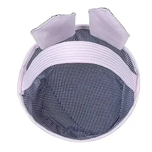 Detailed view of the pink striped Easter basket with cute rabbit ears and checkered lining.