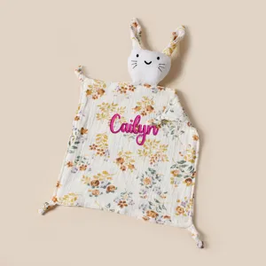 Customizable floral baby security blanket with embroidered name and plush rabbit head