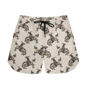 Detailed view of the western cowboy horse rider print on these beige casual shorts
