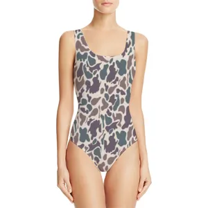 One-piece women's swimsuit featuring a classic camouflage pattern in earthy tones