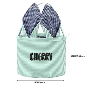 Personalized striped Easter bunny ear basket with custom name embroidery