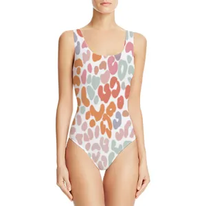 Close-up detail of women's one-piece swimsuit featuring a colorful pastel leopard print