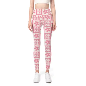 Damen High-Waist-Yogahose mit rosa Karomuster sowie MAMA- und Blumen-Print-Design