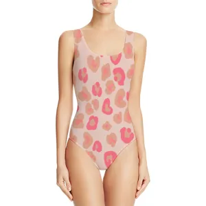 Detailed view of women's pink leopard print one-piece swimsuit with round neckline