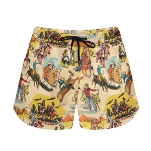 Detail view of retro cowboy print casual shorts with black drawstring waist