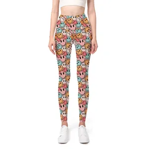 Hoch taillierte Yoga-Leggings für Damen mit einem lebendigen, bunten Retro-Smiley-Muster