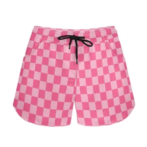 Pink checkered casual sports shorts with black drawstring for summer wear.