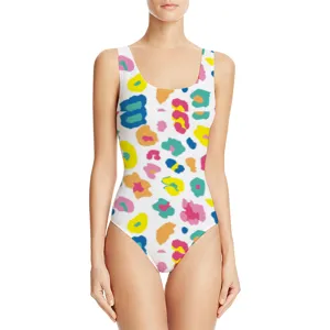 One-piece swimsuit for women featuring a vibrant colorful leopard print and scoop neck