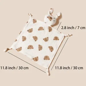 Muslin cotton baby security blanket with cute bear print and rabbit head lovey