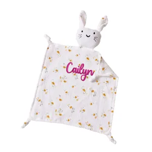 Personalized baby bunny security blanket with floral print and custom name embroidery