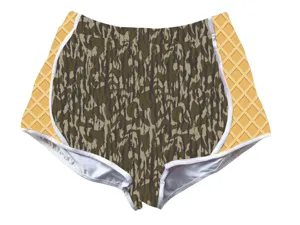 Detail view of camouflage and waffle pattern high-waisted sports shorts for women