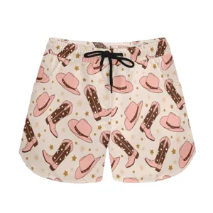 Casual shorts with pink cowboy hat and star boot pattern on white background
