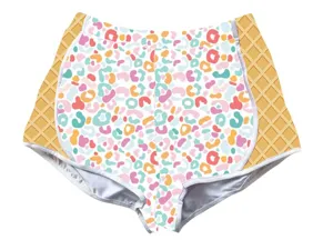 Detailed view of vibrant leopard print and waffle pattern on breathable summer sports shorts