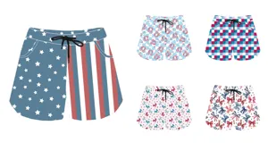 Selection of summer casual shorts with various patriotic and artistic patterns