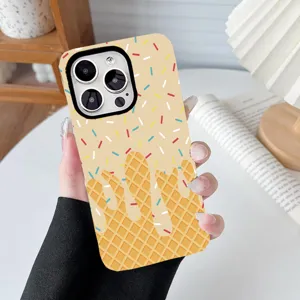 Macro detail of cute ice cream waffle pattern print on protective shockproof mobile phone case