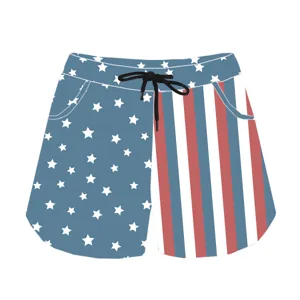 Detailed view of American flag themed athletic shorts with star and stripe patterns