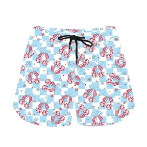 Summer casual shorts featuring blue checkered pattern and cherry disco ball prints.