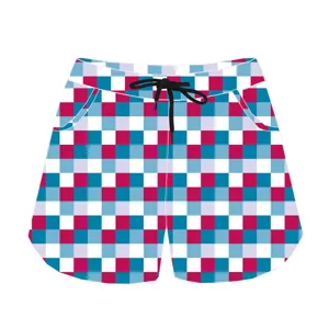 Close-up of vibrant checkered pattern on summer casual sports shorts with drawstring