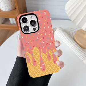 Close-up of a pink ice cream melting design phone case with colorful sprinkles decoration