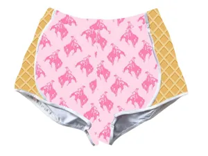 Customized pink sports shorts for women with cowboy pattern and waffle grid panels