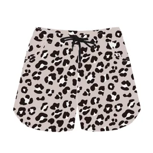Detailed view of summer casual leopard print shorts featuring a black drawstring.