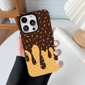 Detailed macro view of chocolate ice cream pattern phone case with colorful sprinkles