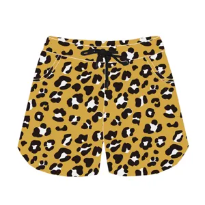 Detailed view of leopard print casual sports shorts with adjustable black drawstring