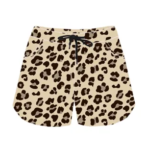 A high-quality detailed view of leopard print summer sports shorts with black drawstring