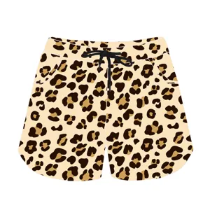 Detailed view of fashionable leopard print casual shorts with black drawstring and side pockets