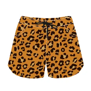 Detail view of leopard print casual shorts with black drawstring and side pockets