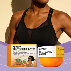 OceAura self-tanning butter for gradual bronze skin glow, showing product and model