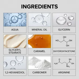 Detailed visual list of active ingredients for the self-tanning moisturizing cream
