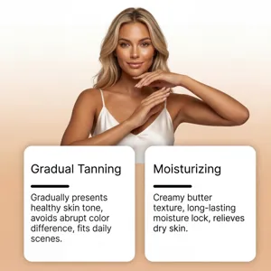 Healthy tanned skin model displaying moisturizing and gradual tanning cream benefits