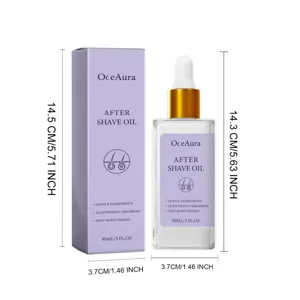 Detaillierte Maße der OceAura After Shave Öl Flasche und der lila Verpackung