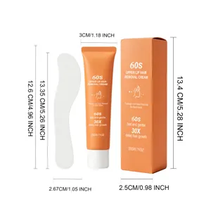 Detailed view of facial hair removal cream tube and box with precise dimensions