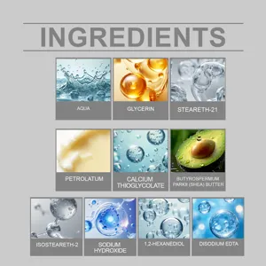 Visual list of gentle facial hair removal cream ingredients including shea butter and glycerin
