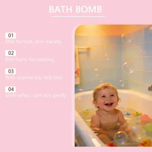 Infographic detail showing bath bomb features for kids with happy baby in bathtub