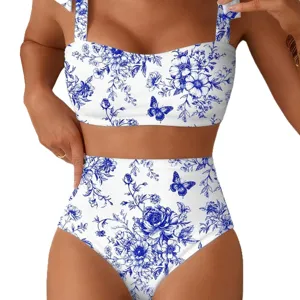 Bikini deux pièces pour femmes avec imprimé floral bleu, bretelles et taille haute