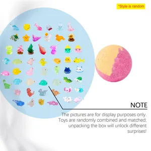 A colorful bath bomb shown next to a large variety of surprise mini animal toy figurines.