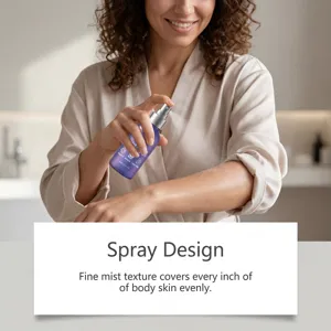 Gros plan du spray sérum corporel appliqué en fine brume sur la peau