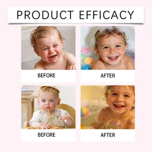 Product efficacy of colorful baby bath bombs showing before and after bath results