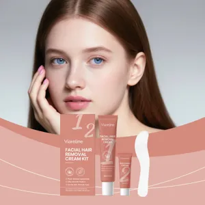 Kit crema depilatoria viso Viareline mostrato con uno sfondo di modella femminile